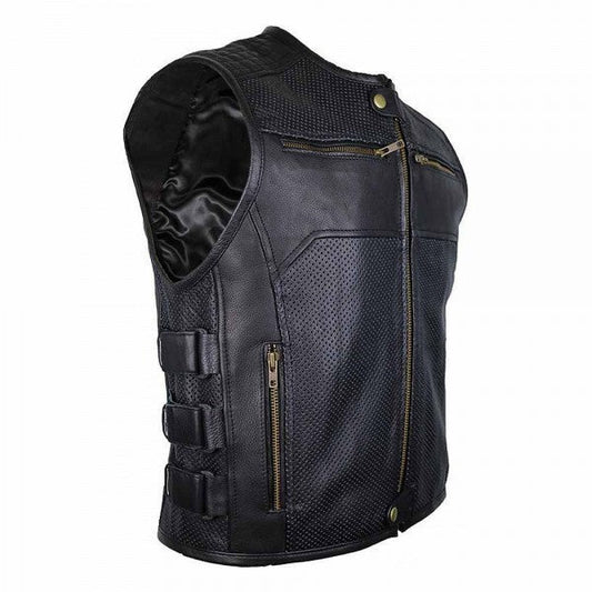 MOTORCYCLE LEATHER VEST WITH ZIPPER AND ADJUSTABLE VELCRO STRAPS