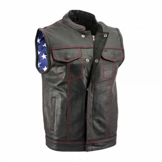LEATHER VEST WITH RED STITCHING AND INSIDE FLAG LINING