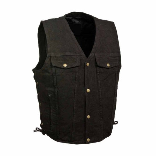 LEATHER MEN'S BLACK SIDE LACE DENIM VEST WITH CHEST POCKETS