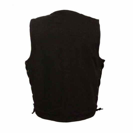LEATHER MEN'S BLACK SIDE LACE DENIM VEST WITH CHEST POCKETS