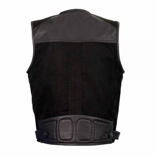 LEATHER MEN'S BLACK LEATHER AND CANVAS MULTI-POCKET VEST