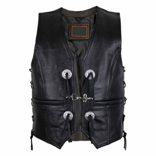 CONCHOS CHOPPER LEATHER VEST IN BLACK