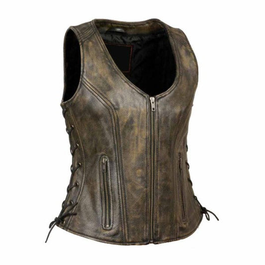 LEATHER WOMEN'S BLACK 'OPEN NECK’ LEATHER VEST WITH SIDE LACES
