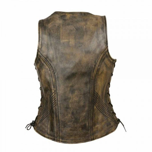 LEATHER WOMEN'S BLACK 'OPEN NECK’ LEATHER VEST WITH SIDE LACES