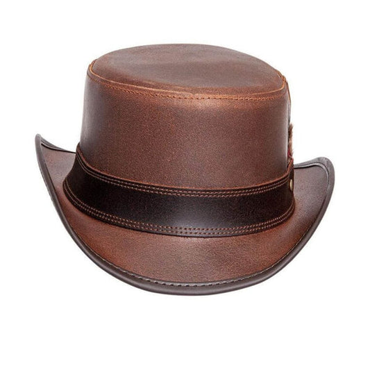 Marlow Brown Leather Top Hat with Feather Band