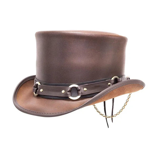 Brown Leather Top Hat with Ring Chain Band