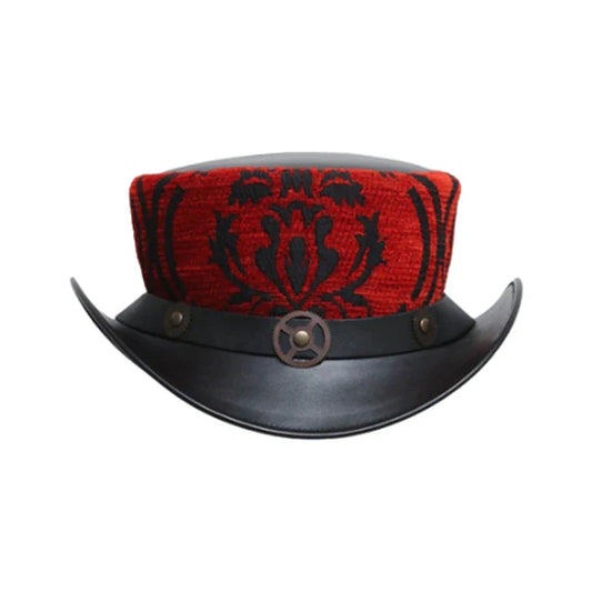 Leather Top Hat with Steampunk Sprocket Band in Vintage Red
