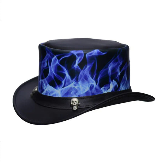 Blue Hell Flames Black Leather Top Hat
