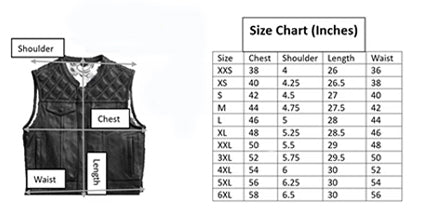 Size chart for Hand Made OX Blood Mens Hunt Club Double Diamond Quilted MC Club Biker Motorcycle Rider Leather Vest