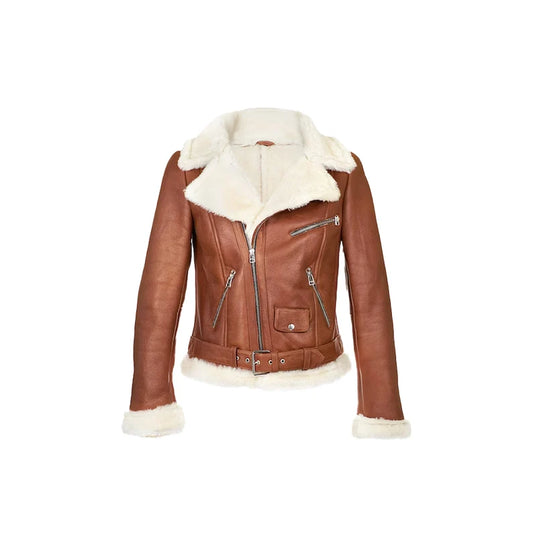 Women's Bomber Faux Fur Aviator Shearling Leather Jacket, Handmade Brown Bomber Jacket with Belt and Lamb Fur jacket.