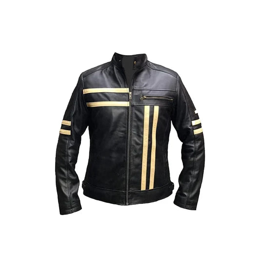 Men's Cruise Cafe Racer Stripe Biker Leather Jacket, Handmade Black and white Stripe Leather jacket,Winter Leather Jacket.