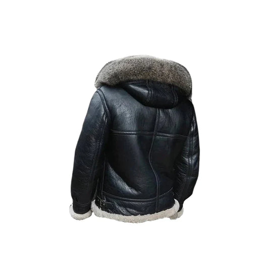 Men's Bomber B3 Faux Fur Winter Hooded Black Leather jacket, Bomber Black Aviator Fur Collar Leather Jacket.
