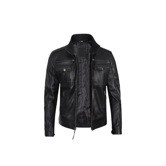 Men's Stylish Café Racer Biker Leather Jacket, Handmade Black Sheep Genuine Leather Motorcycle Jacket, Mens Leather Jacket.
