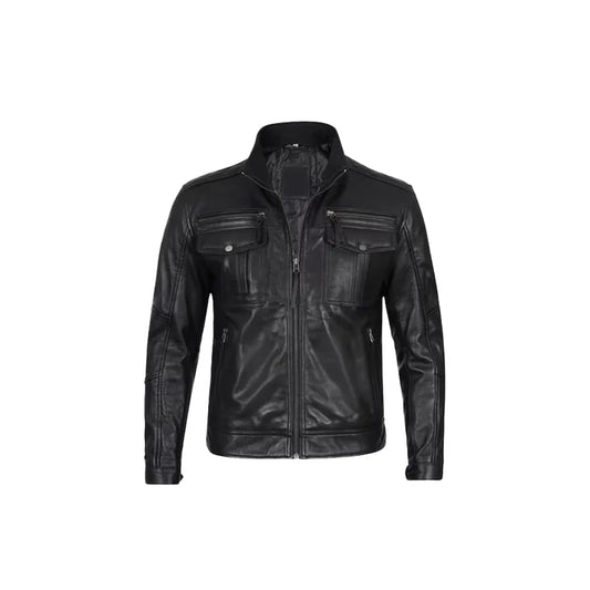 Men's Stylish Café Racer Biker Leather Jacket, Handmade Black Sheep Genuine Leather Motorcycle Jacket, Mens Leather Jacket.