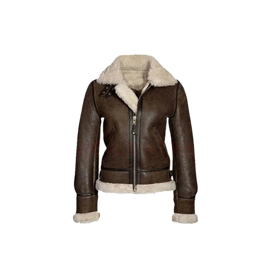Women's RAF Aviator B3 Bomber Leather Jacket,Women Brown Real Leather Sheepskin Faux Fur Jacket,Handmade Faux Fur Shearling Coat.
