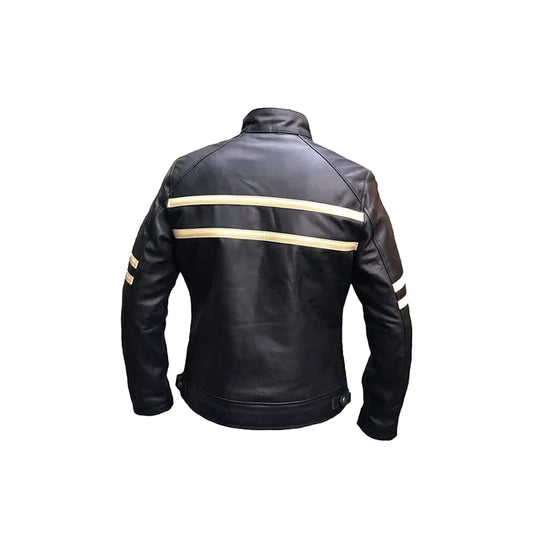 Men's Cruise Cafe Racer Stripe Biker Leather Jacket, Handmade Black and white Stripe Leather jacket,Winter Leather Jacket.