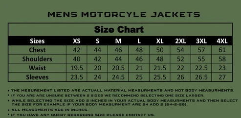 Size chart for Men's New Distressed Brown Motorcycle Leather Jacket, Handmade Cafe Racer Biker Leather Jacket.