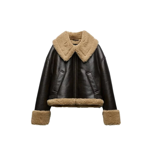 Women Sheepskin Flying RAF Sheepskin Leather jacket, Handmade Brown Bomber Leather Look Fur Aviator Coat,Luxury gift for women.