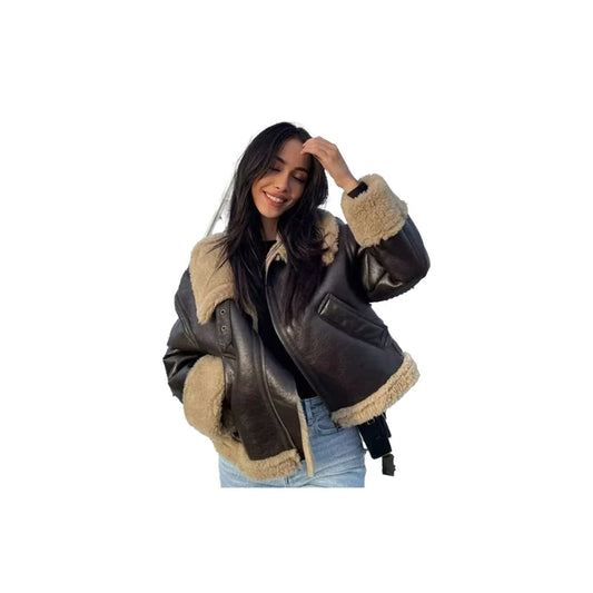 Women Sheepskin Flying RAF Sheepskin Leather jacket, Handmade Brown Bomber Leather Look Fur Aviator Coat,Luxury gift for women.