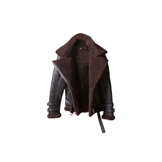 Women's B3 Bomber Faux Far Shearing Aviator Leather Jacket, Handmade Brown Bomber Fur Shearling Leather Jacket.