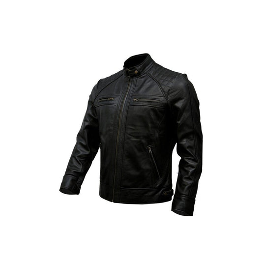 Men's Handmade Black Lambskin Motorcycle Leather Jacket, Cafe Racer Biker Genuine Leather Jacket, Slim Fit Black Biker Jacket.