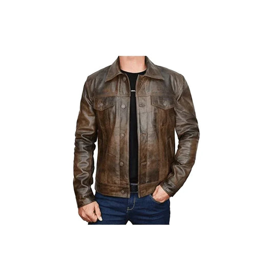 Men's biker Leather Jacket With Flap Pockets, Men's Brown Trucker Motorcycle Leather Jacket, Motorbike Leather Jacket.