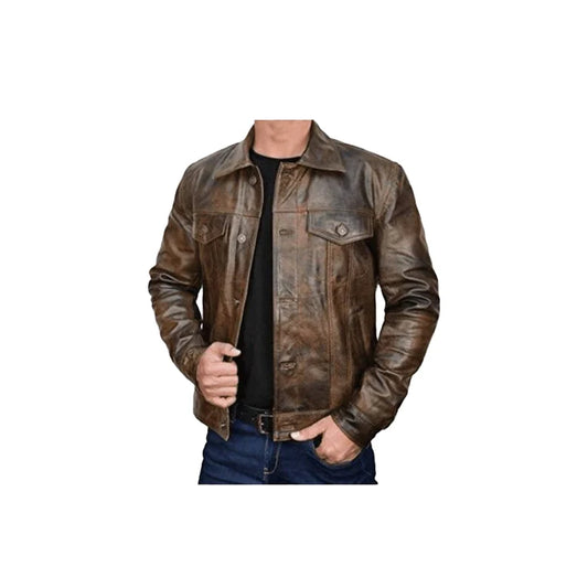Men's biker Leather Jacket With Flap Pockets, Men's Brown Trucker Motorcycle Leather Jacket, Motorbike Leather Jacket.