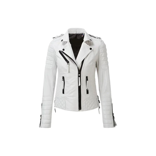 New Stylish Women's White biker Leather Jacket, Handmade Soft Lambskin Vintage Motorcycle Racing jacket,