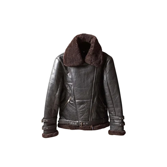 Women's B3 Bomber Faux Far Shearing Aviator Leather Jacket, Handmade Brown Bomber Fur Shearling Leather Jacket.