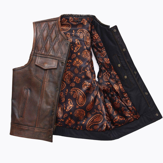 Mens leather vest with brown wax leather biker vest. Motorcycle leather vest Brown Quilted biker vest, Vintage leather premium class