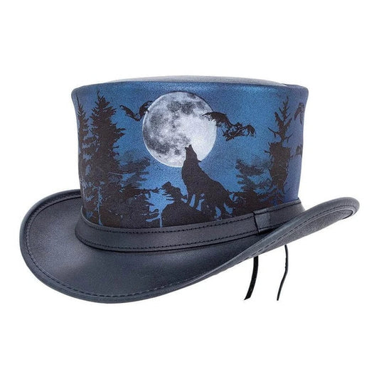 Halloween Wolf Night Steampunk Black Leather Top hat Biker Motorcycle Rider Gothic Hat