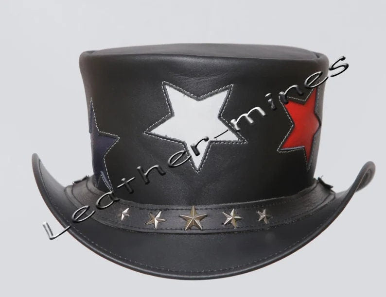 Captian America Top Hat Men's Leather Stars Motorbiker Five Star Band Biker in Black | New with Tags