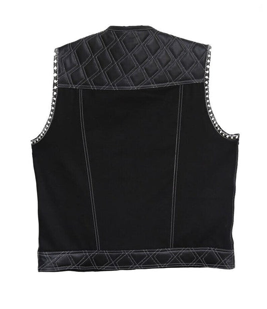 Hand Made Leather & denim Black Quilted Diamond Braided Arms MC Biker Rider Motorcycle vest
