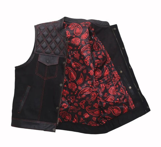 Hand Made Leather & Denim Paisley Diamond MC Quilted Red Stich Biker Rider Motorcycle Men Vest