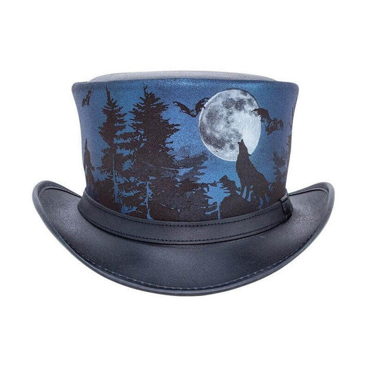 Halloween Wolf Night Steampunk Black Leather Top hat Biker Motorcycle Rider Gothic Hat