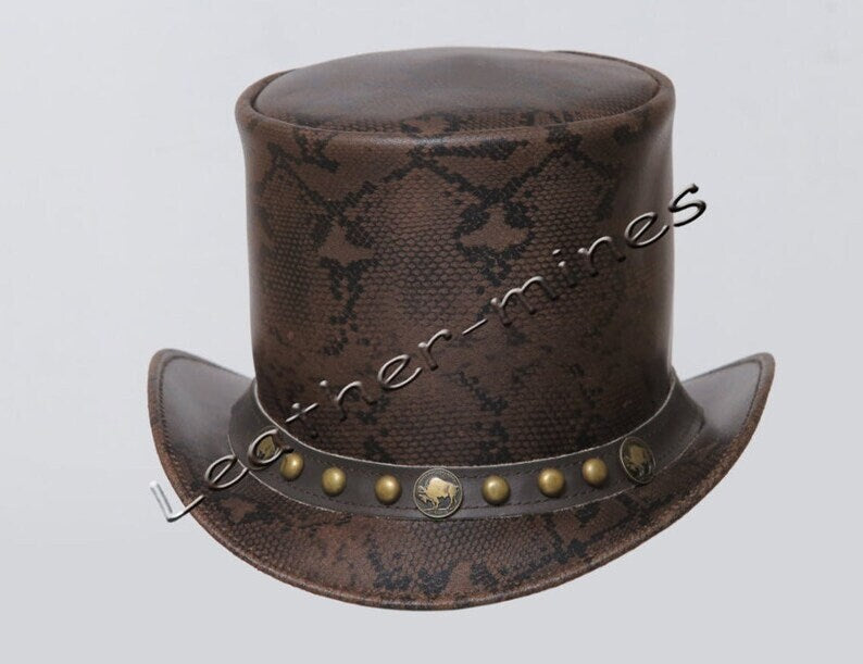 Top Hat Men's Leather Snake Style Motorcycle Five Cent & Studs Band Biker Top Hat- Brown