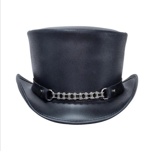 Hand Made Top Hat Motorcycle Leather Chain Band Black Leather Biker New with Tags