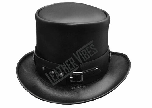Top Hat-Rocker Black Leather Slash Style Conchos Band,Gothic Top hat,Custom Leather hat,Steampunk Top Hat