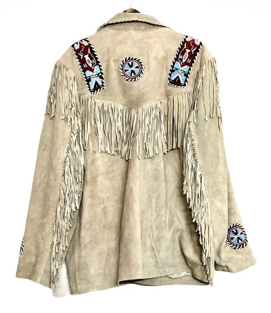 Men Leather Rockabilly jacket, Native American Buckskin Western Jacket Suede Leather Shirt Fringes & Beads Work Coat