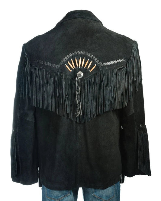 Men Black Suede Vintage Traditional Western Cowboy Leather Jacket With Fringe Hand Made Country Side Red Indian Western Wear