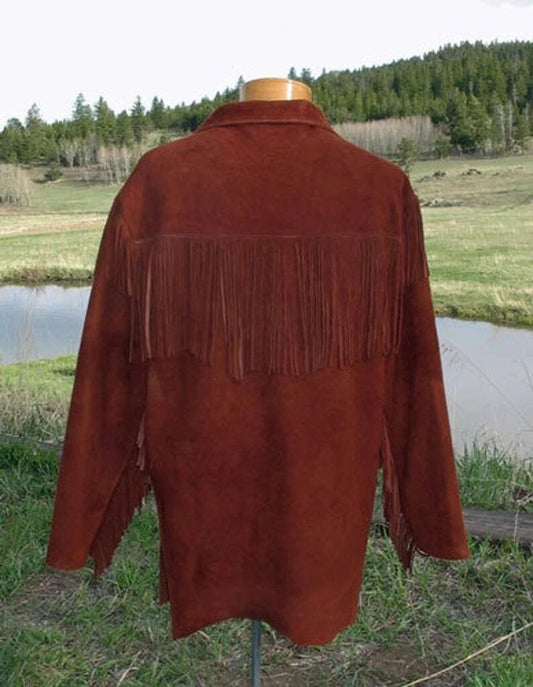 New Men Handmade Native American Mountain Man Buckskin Leather War Shirt Brown Western