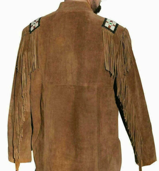 Men Native American Western Cowboy Leather Jacket Suede Coat Fringe Eagle Beads Shirt Gift for Men Brown Red Indian Country Side Jacket