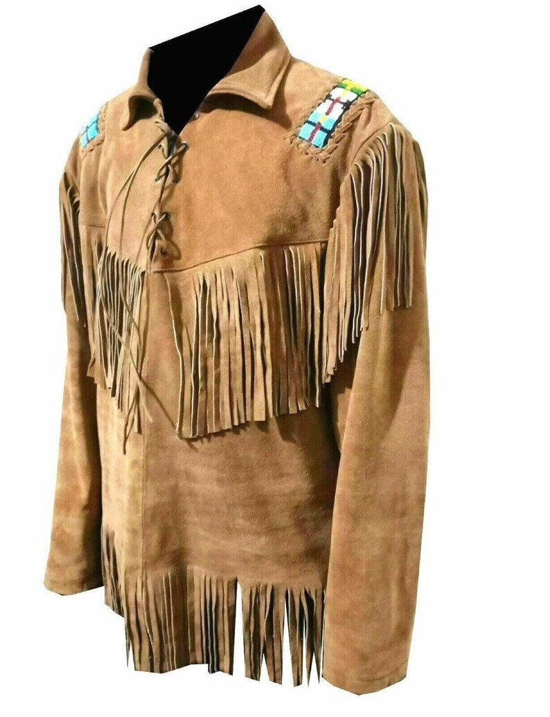Men Brown Suede Vintage Traditional Western Cowboy Leather Jacket Lases Style Fringe Hand Made Country Side Red Indian Western Wear