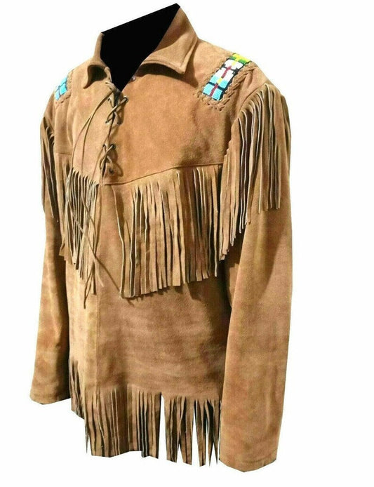 Men Brown Suede Vintage Traditional Western Cowboy Leather Jacket Lases Style Fringe Hand Made Country Side Red Indian Western Wear