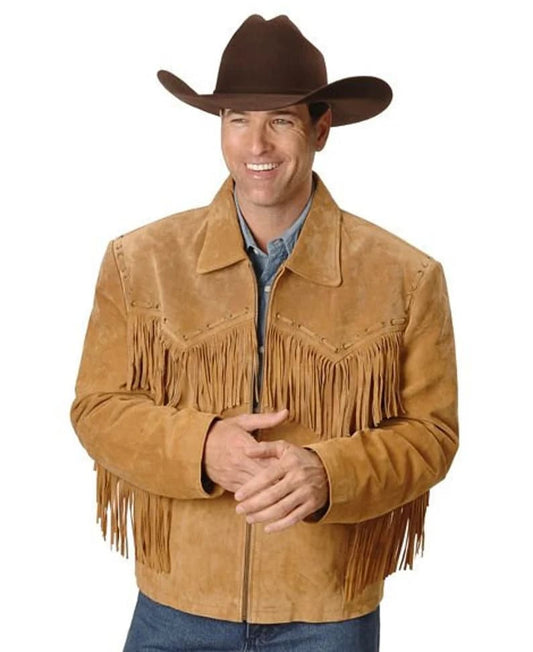 Western Jacket Suede Handmade Western Suede Leather Mountain Men Buckskin Shirt With Fringes Cowboy Rodeo Style Shirt