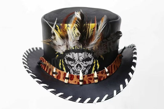 Top Hat Red Indian Chief Feather Braided Brim Teeth Band Leather Top Hat Native Western Hat Gothic Hat Steampunk Hat Halloween Gifts