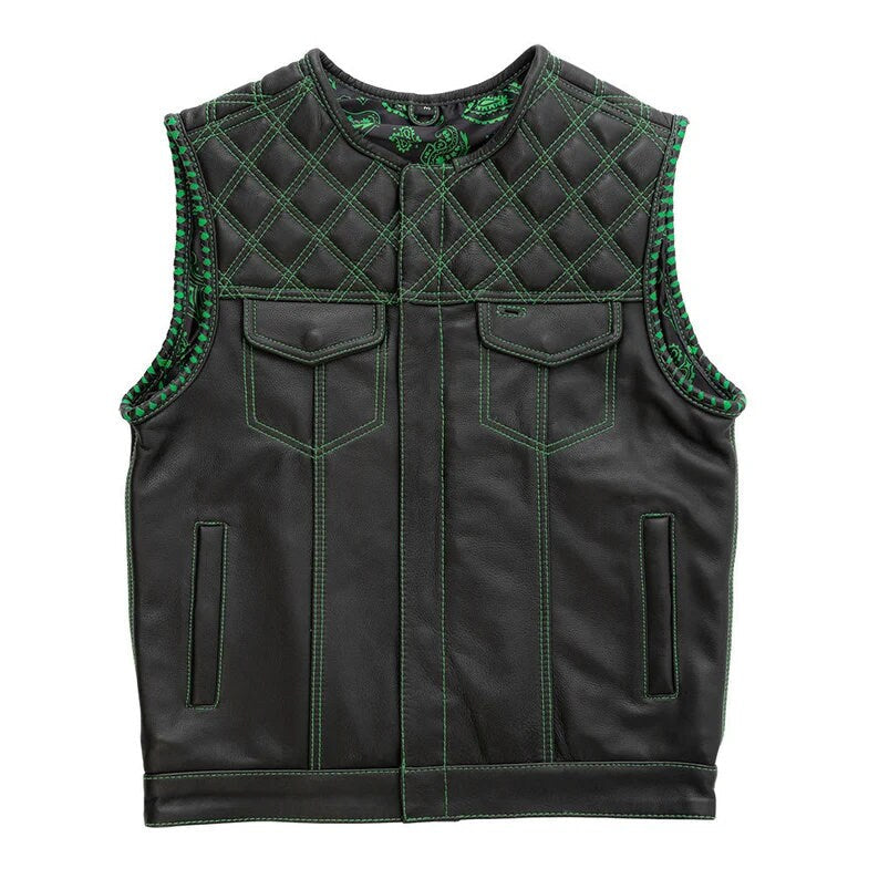 Leather Vest ,Mens Green Diamond Quilted Black Paisley Leather Build Denim Style Rider Motorcycle Leather Vest,Mens Vest