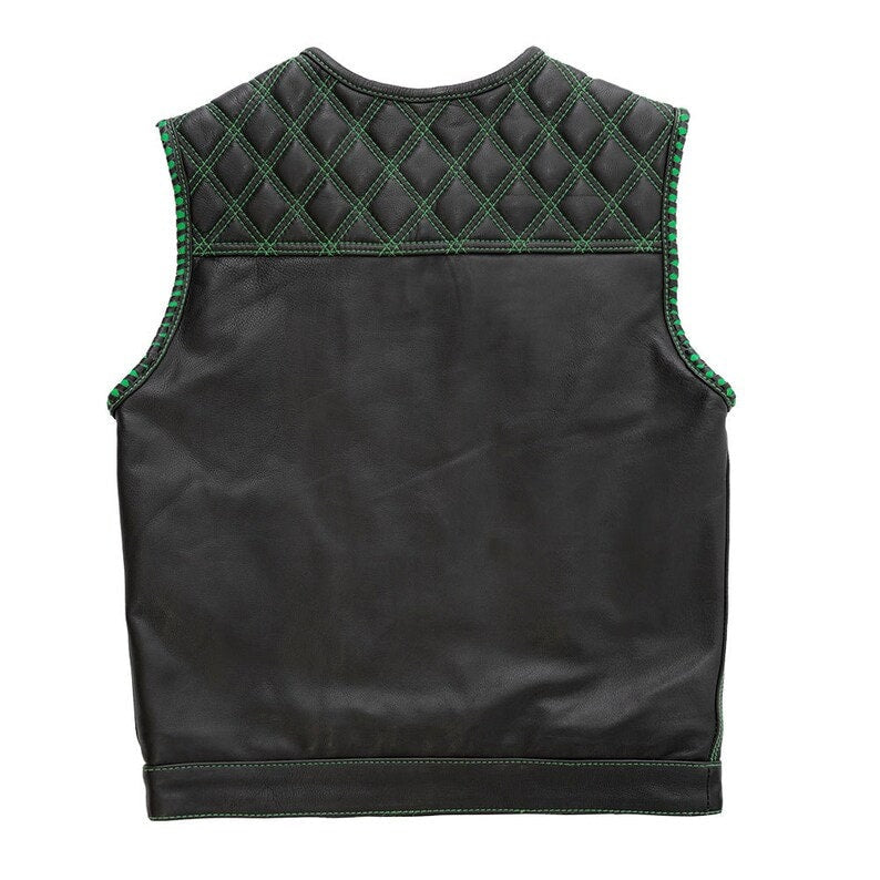 Leather Vest ,Mens Green Diamond Quilted Black Paisley Leather Build Denim Style Rider Motorcycle Leather Vest,Mens Vest