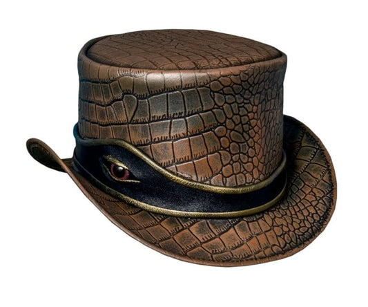 Leather Top Hat - Crocodile Eye Band - Distressed Wax Crocodile Plated - Handmade with 100% Cowhide Leather - Gift for Him - New with Tags