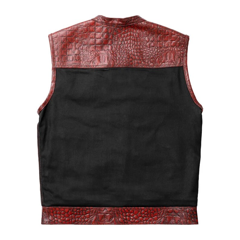 Leather Vest ,Crockodile Plated Leather Red Wax Motorcycle Mens Vest Denim Vest Black Vest